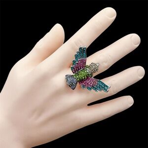 Large Multicolor Rhinestone Bird Cocktail Stretch Ring
